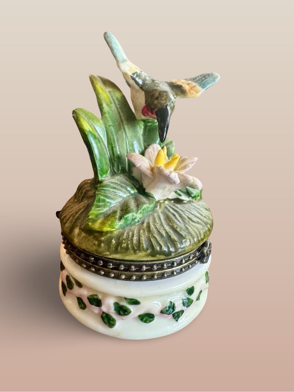 Vintage Porcelain Hummingbird & Flower Hand-Painted Hinged Trinket Box
